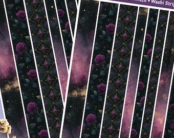 Tiras adhesivas Night Garden Witch Washi, cinta Purple Rose Galaxy, pegatinas Gold Speck Nebula, patrón de celosía oscura, borde decorativo para Hobonichi Bujo