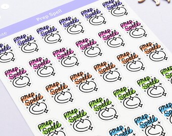 Könnte beinhalten: Eine Bogen mit Aufklebern mit einem Halbmond- und Sternmotiv. Die Aufkleber sind weiß mit schwarzen Umrissen und haben den Text "Prep Spell" in verschiedenen Farben, darunter Pink, Blau, Grün und Orange.