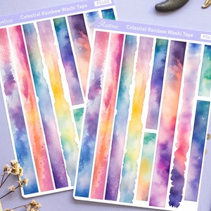 Feuille d'autocollants Washi arc-en-ciel, feuille d'autocollants adhésifs Washi, autocollants Bujo aquarelle déco pour Bullet Journal, autocollants esthétiques arc-en-ciel