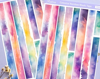 Rainbow Washi Sticker Sheet, Washi Tape Sticker Sheet, Watercolor Deco Bujo Sticker for Bullet Journal, Rainbow Aesthetic Planner Stickers