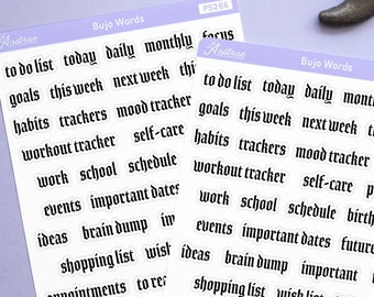 May include: Two sheets of white sticker paper with black gothic font text. The text includes words like "to do list", "daily", "monthly", "focus", "goals", "habits", "trackers", "self-care", "workout", "school", "schedule", "events", "important dates", "ideas", "brain dump", "shopping list", "appointments", "to read", "to listen", "things", "budget", "expense tracker", "savings tracker", "affirmations", "routines".