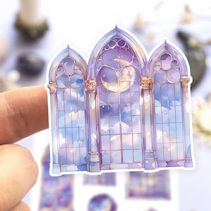 Adesivos de planejador de vitral roxo, decoração de janela gótica, adesivos estéticos celestiais, janelas de catedral iluminadas pela lua, recortes de álbum de recortes de fantasia