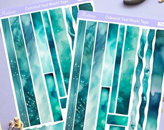 Teal Washi Sticker Sheet, Washi Tape Sticker Sheet, Watercolor Deco Bujo Sticker for Bullet Journal, Teal Aesthetic Planner Stickers Sheet