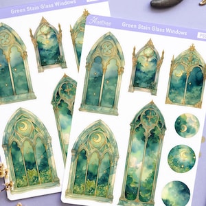 Stickers pour agenda en vitrail vert, déco de fenêtre gothique, Stickers forêt céleste, fenêtres de cathédrale au clair de lune, éléments de scrapbooking fantastiques