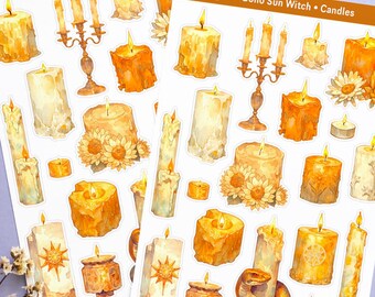 Pegatinas de velas Boho Sun Witchy, hoja de pegatinas decorativas de brujas girasol para bullet journal, pegatinas de decoración para bullet journal, diario pagano cottagecore