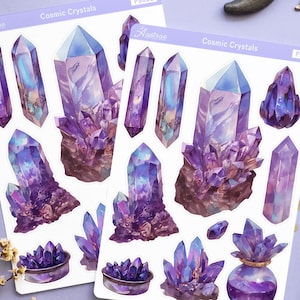 Feuille d'autocollants en cristal de galaxie, autocollants gemme violette, papeterie sorcière céleste, décoration de journal en cristal, autocollants d'agenda cosmique