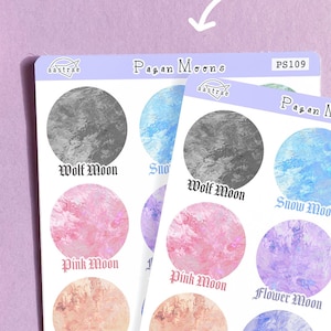 Heidense maan stickers voor planner, heidense planner stickers, Wicca maan sticker vel, volle maan stickers 2024, Wicca planner stickers heks