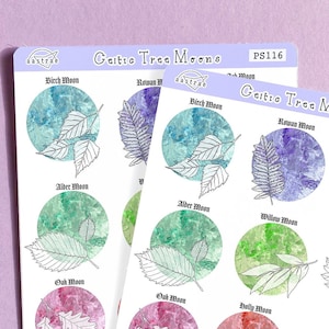 Keltische boom maan stickers, heidense planner stickers, 2024 maan dagboek stickers, Keltische hekserij stickers, heidendom Bujo stickers Lunation