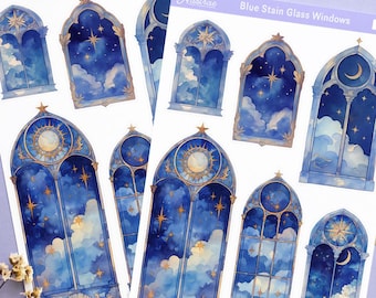 Blue Stained Glass Stickers, Gothic Window Deco, Celestial Night Planner Stickers, Moonlit Cathedral Windows, Fantasy Scrapbook Elements