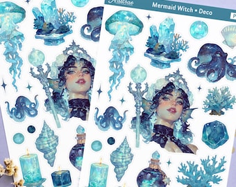 Mermaid Witch Deco Planner Stickers, Ocean Fantasy Decorative Stickers, Sea Witch Deco Sheet, Witchy Journaling Stickers, Dark Mermaid Deco