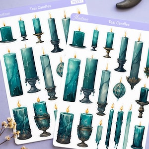 Petrolblaue Kerze Aufkleber für Planer, Witchy dekorative Aufkleber, Bullet Journal Deco Aufkleber, Petrolgrün Grimoire Aufkleber, Hexe Aufkleber