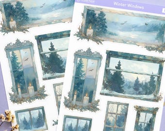 Bujo Fenster-Aufkleber, deko-Aufkleber, Winter-Fenster, dekorative Bullet-Journal-Aufkleber, verschneiter Wald, Natur, gemütliches Sammelalbum