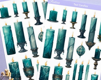 Teal Blue Candle Stickers for Planner, Witchy Decorative Stickers, Bullet Journal Deco Stickers, Teal Green Grimoire Stickers, Witch Sticker