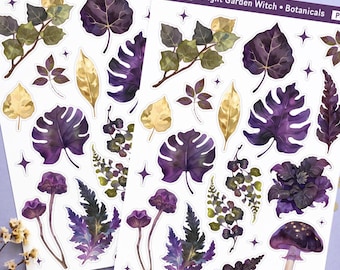 Jardín Nocturno de Brujas Botánicas, Pegatinas de Helecho Monstera Morado, Lámina de Hongos de Bruja, Agenda Hiedra Oscura, Set de Plantas Decorativas para Hobonichi Bujo