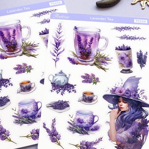 Folha de adesivos para chá de lavanda, adesivos para amantes de chá de ervas, adesivos para planejadores de chá de bruxa, adesivos para lavanda, adesivos para bruxaria de ervas, adesivos decorativos