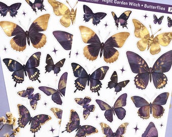 Hoja de pegatinas de mariposa bruja, polilla morada de jardín nocturno, alas de acuarela dorada, planificador de insectos oscuros, juego de pegatinas decorativas para Hobonichi Bujo
