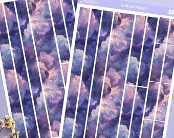 Purple Nebula Galaxy Washi Sticker Sheet, Celestial Washi Strip Planner Stickers, Decorative Bujo Stickers, Bullet Journal Stickers Witchy