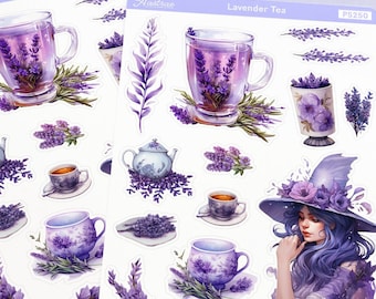 Foglio di adesivi per il tè alla lavanda, adesivo per gli amanti del tè alle erbe, adesivi per il pianificatore del tè delle streghe, adesivo per la lavanda, adesivi per la stregoneria alle erbe, adesivi Deco