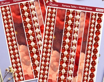 Hoja de pegatinas decorativas Washi, patrón de circo y carnaval en rojo y dorado, tiras místicas para bullet journal, estética bohemia y mística Washi