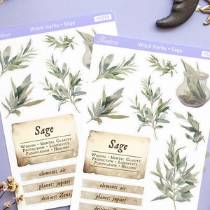 Heks salie sticker, kruidenkunde stickers, salie kruid Magic planner stickers, heidense kruiden Magick, kruidkundige Journal stickers, Wicca kruiden label