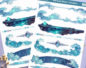 Pegatinas separadoras de olas de bruja, separadores de agenda de sirena oceánica, hoja separadora de fantasía oscura, separadores de bullet journal de bruja marina, pegatinas de agenda de olas