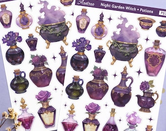 Pegatinas de botellas de pociones de bruja, Botica del Jardín Nocturno, Hoja de caldero morado, Agenda con tarro de cristal oscuro, Set mágico decorativo para Hobonichi Bujo