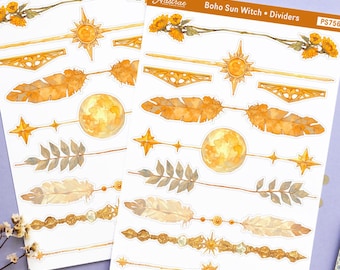 Pegatinas separadoras de páginas estilo boho, lámina de bruja de verano estilo boho con plumas, luna y ramas, agenda de bruja del sol con varita dorada, agenda estilo cottagecore con temática de brujas