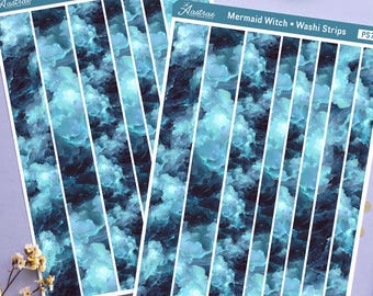 Tiras Washi de Bruja Sirena, Pegatinas Washi para Agenda Tormenta Oceánica, Hoja de Tiras Washi Verde Azulado Oscuro, Washi Bruja del Mar, Tiras Washi para Agenda con Estilo Brujo