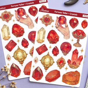 Roter Edelstein Aufkleber, Rubin Kristall Ball Hexen Blatt, Magischer Edelstein Fantasy Bujo, Mystic Occult Dark Journal, Gothic Sparkle Junk Journaling