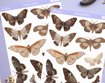 Hoja de pegatinas de polillas vintage, pegatinas estéticas vintage, pegatinas vintage, pegatinas efímeras de mariposas, pegatinas decorativas de insectos para planificador.