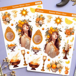 Foglio di adesivi per streghe estive, adesivi per pianificatori di streghe del sole, adesivi decorativi stagionali, adesivi artistici estetici per stregoneria, adesivi estivi magici