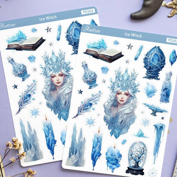 Ice Witch Stickers for Planner, Winter Planner Stickers, Cold Snow Snowflake Icy Blue Decorative Stickers Seasonal, Bujo Witchy Stickers Set
