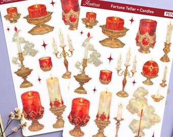 Pegatinas místicas para agenda, lámina de tarot de adivinación, pegatinas rojas para diario de altares de brujas, pegatinas de adivinación con candelabros de fantasía.