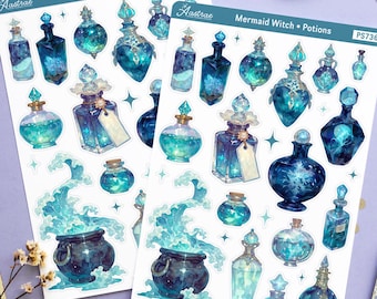 Pegatinas de pociones de bruja sirena, pegatinas de botellas de pociones de fantasía oceánica, hoja planificadora de pociones de bruja marina, pegatinas de pociones azul verdoso oscuro para diario pagano