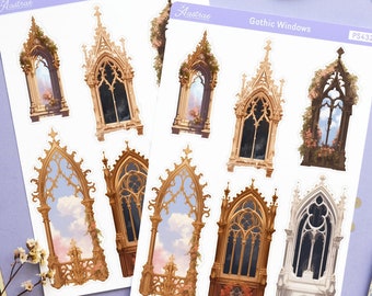 Gothic Window Stickers, Goth Decorative Planner Sticker Sheet, Gothic Windows Frames Stickers, Victorian Bujo Stickers, Bullet Journal Sheet