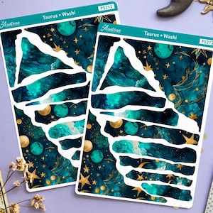 Celestial Washi Tape Sticker Sheet, Teal Washi Stickers Journaling, Celestial Planner Stickers, Torn Paper Stickers, Creative Journaling