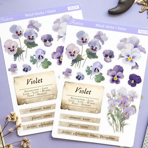Violet bloem sticker vel, bloem heks kruiden Grimoire stickers, violet stickers heks boek van schaduwen, kruidkundige apotheker heks etiketten