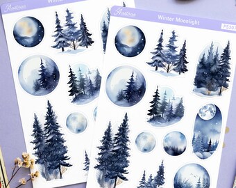 Planificateur d'hiver Stickers décoratifs, Stickers scènes d'hiver, Stickers déco Bullet Journal, Stickers Bujo saisonniers, Feuille d'autocollants d'hiver dans la forêt