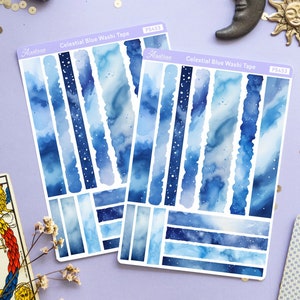 Feuille d'autocollants aquarelle bleu Washi, feuille d'autocollants adhésifs Washi bleus, autocollants esthétiques pour journal, feuille d'autocollants déco Bujo Journal Bujo
