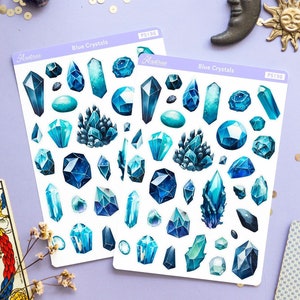 Autocollants en cristal bleu pour planificateur, autocollants de planificateur de sorcière, autocollants esthétiques bleus, autocollants de livre des ombres, feuille d'autocollant de pierres précieuses Bujo