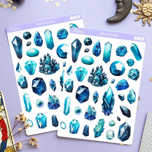Blue Crystal Stickers for Planner, Witchy Planner Stickers, Blue Aesthetic Stickers, Book of Shadows Stickers, Gemstone Sticker Sheet Bujo