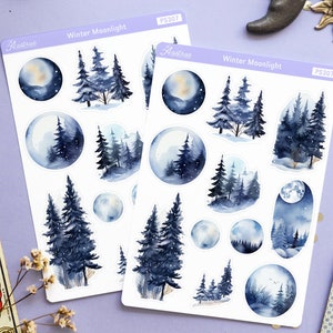 Planificateur d'hiver Stickers décoratifs, Stickers scènes d'hiver, Stickers déco Bullet Journal, Stickers Bujo saisonniers, Feuille d'autocollants d'hiver dans la forêt