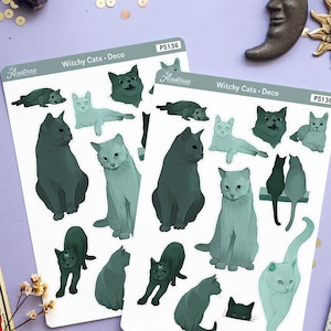 Witchy Cat Stickers, Witch Cat Sticker Sheet, Witch Familiar Cat Planner Sticker, Bujo, Bullet Journal, Grimoire, Book of Shadows, Pagan