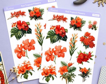 Red Tropical Flowers Sticker Sheet, Exotic Flowers Planner Stickers, Decorative Stickers for Creative Journaling, Jungle Floral Stickers