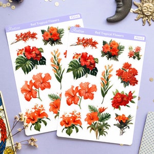 Hoja de pegatinas de flores tropicales rojas, Pegatinas de planificador de flores exóticas, Pegatinas decorativas para diario creativo, Pegatinas florales de la jungla
