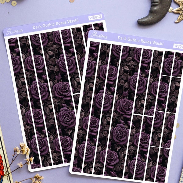 Purple Victorian Flower Washi Tape Stickers, Gothic Rose Washi Sticker Sheet, Victorian Floral Washi Strips Stickers, Deco Bujo Stickers