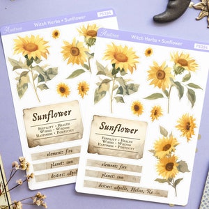 Stickers agenda tournesol pour sorcières, Stickers tournesol, Stickers sorcière fleur, Stickers magiques herbes florales, Stickers herboristerie