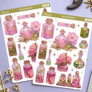 May include: Two sticker sheets with illustrations of pink potion bottles, flowers, and the text "Spring Potions." The image also includes tarot cards, a candle, crystals, and decorative celestial objects like a moon and sun.