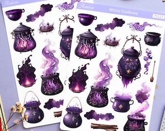 Stickers sorciere chaudron, autocollants sorcellerie, autocollants sorcière, autocollants sorcière pour agenda, autocollant grimoire livre des ombres