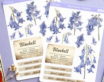 Bluebell Flower Magic Sticker Sheet, Grimoire Stickers for the Green Witch, Green Witchcraft Stickers, Herbalism Book of Shadow Stickers